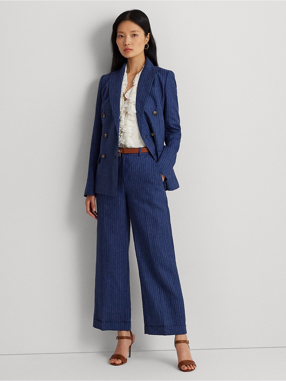 Pinstripe Double-Breasted Linen Blazer Ralph Lauren Size 0